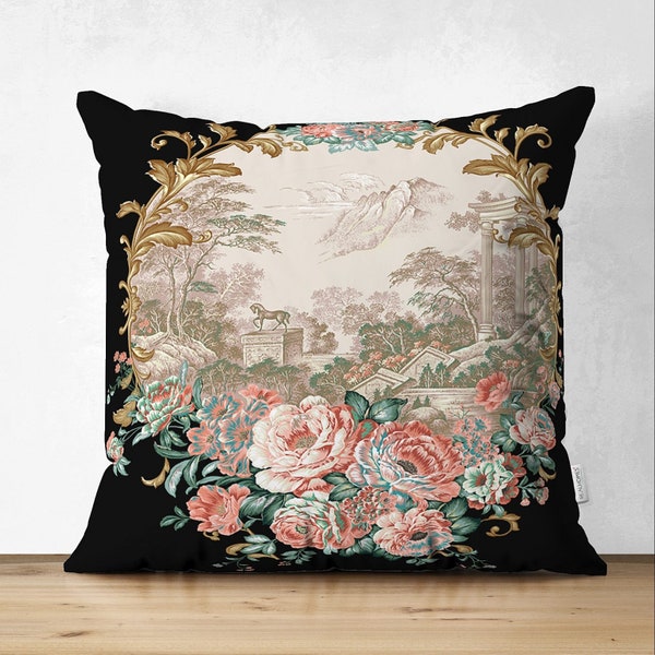 Flower Print Cushion Cover, Floral Accent Pillowcase, Floral Patterned Pillow Cover, Black Throw Pillow Cover, Housewarming Gift, Home Decor