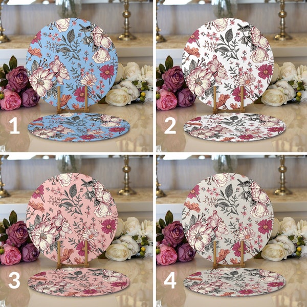 Flower Patterned Placemats, Flower Desing Round Placemat, Placemats for Dining Table, Decorative Placemats, Housewarming Gift (Set of 2)