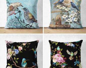 Pillow Case, Bird Patterned Cushion Cover, Bird-Motif Pillow, Animal Design Pillow Cover, Decorative Cushion Case, Blue and Black Pillowcase