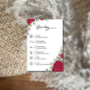 Hochzeitsprogramm Tagesablauf Ablauf Beileger im romantischen Pink Peonies Design | Rosa Rote Pfingstrosen Hochzeit | DIN A4 | A5 | A6 |