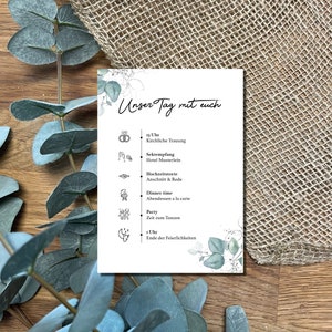 Hochzeitsprogramm Tagesablauf Ablauf Beileger im minimalistischen Eucalyptus Design
