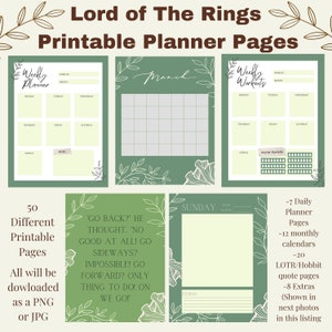 May include: A set of printable planner pages featuring a green and white color scheme with floral designs. The pages include a weekly planner, a monthly calendar, a weekly workout planner, a Sunday planner, and a quote page with a quote from the Lord of the Rings.