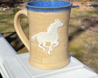 Running white horse mug, handmade pottery