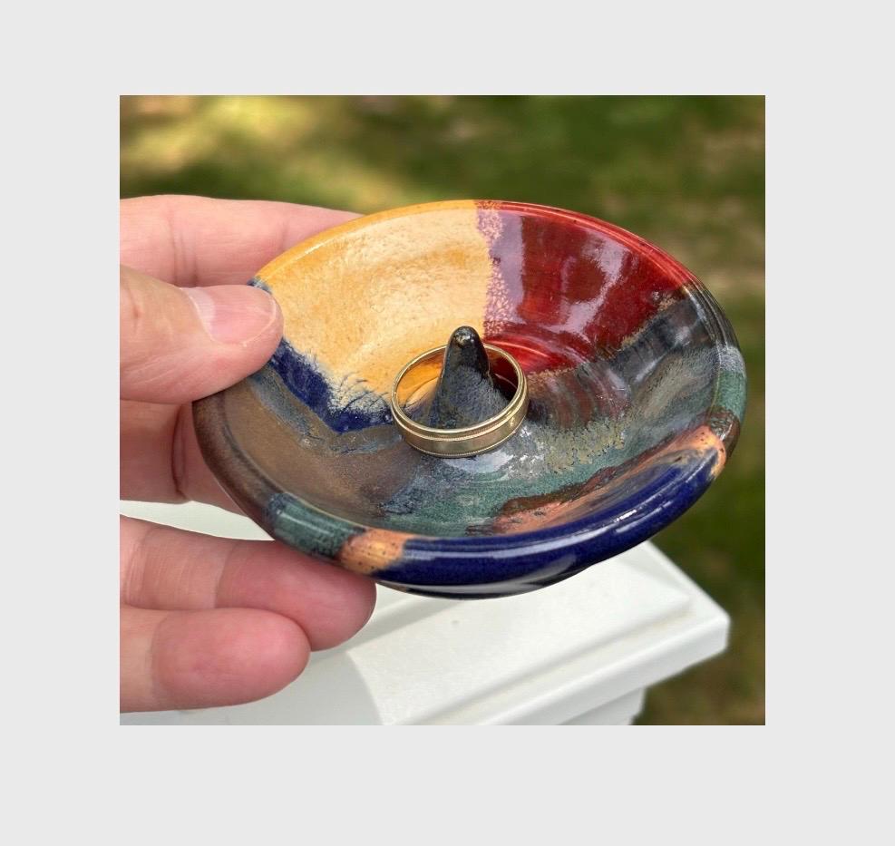 Handmade colorfully glazed ceramic ring dish