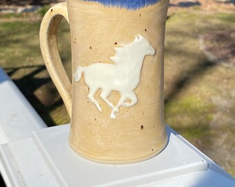 Running white horse mug, handmade pottery