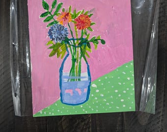 Colorful dahlia vase acrylic painting– Emily Collins Art 10% of the proceeds goes to the American Cancer Association