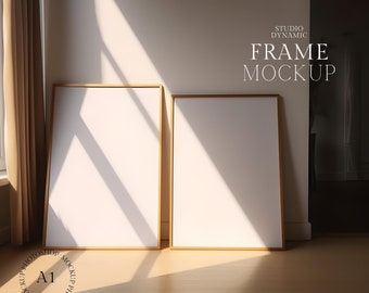 Maquette minimaliste 2 cadres - Maquette d’affiche double cadres - Maquette de lumière solaire dure - Ensemble de 2 maquettes d’impression - Cadre en bois - PSD - ISO