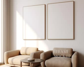 2 Frames Minimalistic Mockup - Minimal Living Room - Hard Sun Light Mockup - Wood Frame - PSD - 27X36