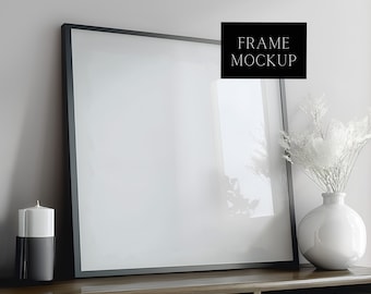 Large Square Frame Mockup - Realistic Living Room Art Display Mockup With Glass Reflection - 12X12 - PSD - Smart Object Mockup