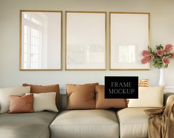 3 Vertical Frame Art Display Mockup - Living Room Interior With Glass Reflection - Digital Print Mockup - PSD - ISO - Smart Object