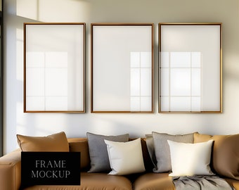3 Frame Art Display Mockup - In Living Room Interior With Glass Reflection  - PSD - ISO - Smart Object