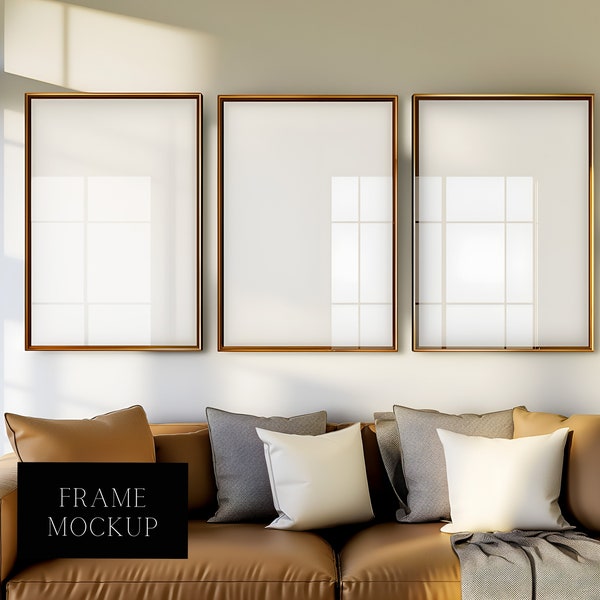 3 Frame Art Display Mockup - In Living Room Interior With Glass Reflection  - PSD - ISO - Smart Object