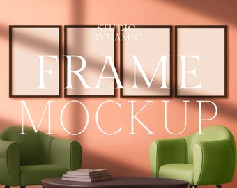 4 Frames Mockup | Drop Shadow | PSD | Minimal print wall Mock Up | Art Print gallery set mockup | Boho art display | Living Room Mockup |