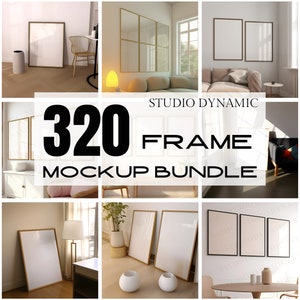 以下が含まれることがあります： さまざまなインテリア設定における320フレームのモックアップバンドル。フレームは空で、あなたの芸術作品や写真を入れる準備ができています。テキスト「320 FRAME MOCKUP BUNDLE」は画像の中央に表示されます。