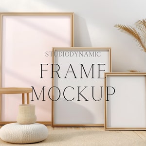 Boho  3 Frame In Home Interior Mockup Scene - Wooden Frame Mockup - Set of 3 Frame Mockup  - PSD - Smart Object