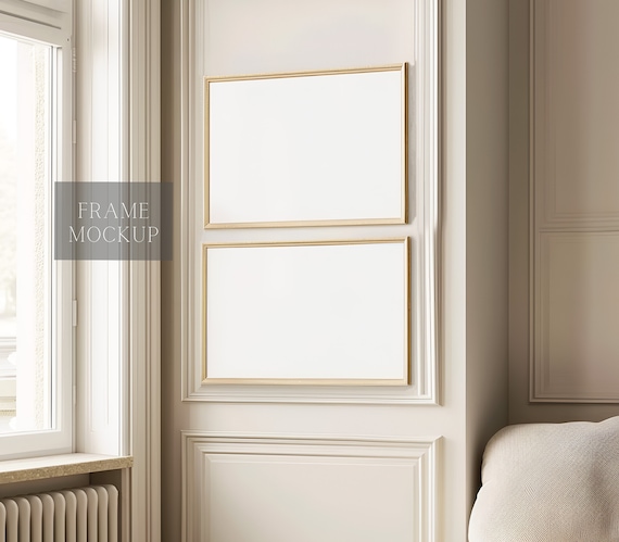 2 Horizontal Frame Mockup - Landscape Frame - Vintage Art Display Mockup - PSD - 36X27 - Smart Object