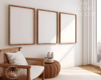 3 Frame Natural Light Mockup - Wooden Frame Living Room Mockup - Boho Interior - Home Decor Mockup - PSD - ISO - Smart Object Mockup