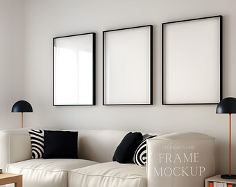3 Frame Mockup - In Home Interior - Living Room Mockup - With Reflection - PSD - 27X36 - Smart Object Mockup