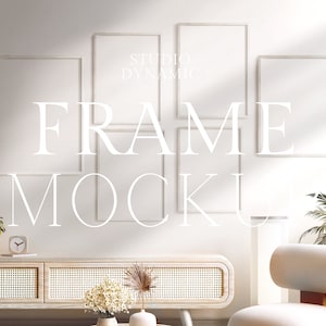 6 Frames-mockup | JPEG-PSD | Houten frame kunstwerk mockup | interieur mockupframe | Woonkamermodel | Minimalistisch