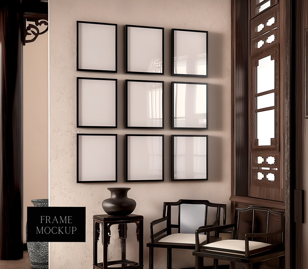 Vintage 9 Frame Wall Art Mockup - Realistic Interior Mockup - Rustic ...