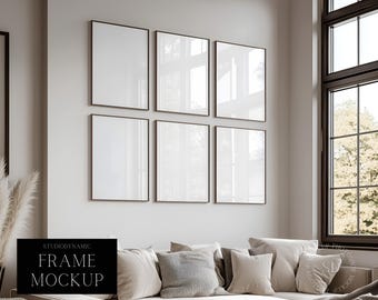 6 Vertical Frame Mockup - Living Room Scene Frame Art Display With Window Reflection - ISO - PSD - Smart Object