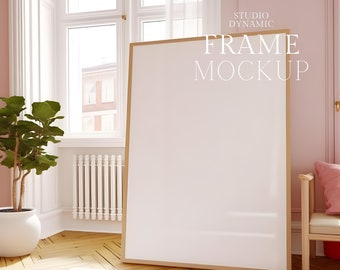 Tall Frame Poster Mockup - Vertical Poster Mockup - Wooden Frame Mockup With Reflection - ISO - PSD - Smart Object Mockup