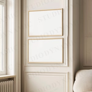 May include: Two gold framed blank canvases hanging on a white wall with ornate molding. The canvases are stacked vertically, with the top canvas slightly larger than the bottom canvas.