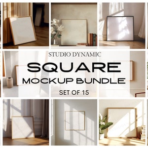 May include: A set of 15 square frame mockups in various interior settings. The frames are empty and ready for your design or artwork.  The mockups feature different backgrounds, lighting, and angles, providing a variety of options for showcasing your work.