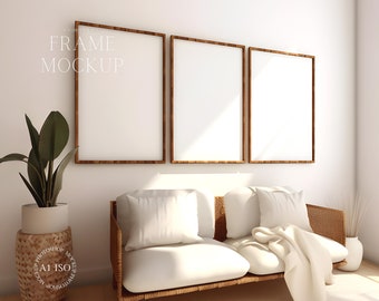 3 Frame Interior mockup - Woord Frame Artwork Mock up - Print Gallery Mockup - Three wood frames mockup - PSD - ISO - Smart Object