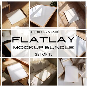 Op de afbeelding: Een set van 15 flatlay mockups met verschillende houten frames en oppervlakken. De frames zijn leeg en klaar voor uw productfoto's. STUDIO DYNAMIC FLATLAY MOCKUP BUNDLE SET OF 15.