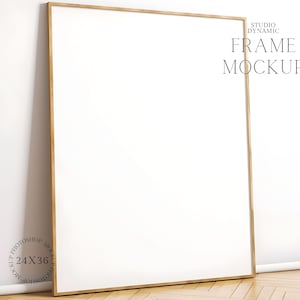 Thin Wooden Frame Mockup - Light Wood Frame - Frame On Wooden Floor - Vertical Frame - PSD - 27X36 - Smart Object