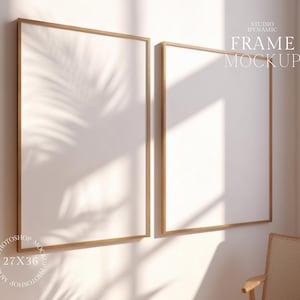 2 Frame Mockup -  Wood Frame Mockup - Hard Sun Light Double Frame Mockup - Living Room Mockup -  Blank Frame - PSD - 27X36 - Smart Object