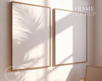 2 Frame Mockup -  Wood Frame Mockup - Hard Sun Light Double Frame Mockup - Living Room Mockup -  Blank Frame - PSD - 27X36 - Smart Object