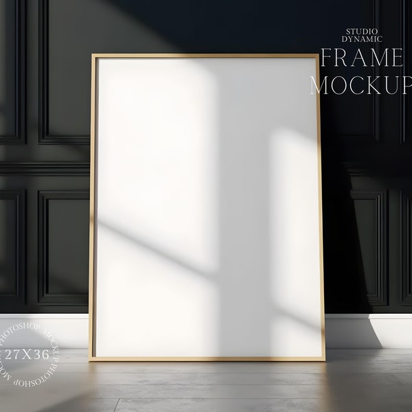 Single Frame Mockup -Black Wall Poster Mockup - Wooden Frame - Vertical Frame Mockup - Dark Backround Mockup - PSD - 27X36 - Smart Object