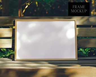 Horizontal Wood Frame Mockup in Garden - Horizontal Art Print Mockup - Landscape Frame Mockup -PSD - 36X24 - Smart Object