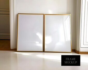2 Frame Mockup - Duo Frame With Minimal Design - Glass Reflection Two Vertical Thin Frame - Natural Light - PSD - ISO - Smart Object