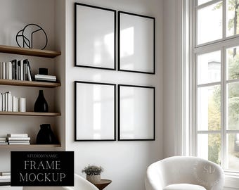4 Frames Wall Art Mockup With Glass Reflection - Gallery Frame Set -Minimal Poster Set Mockup - ISO - PSD - Smart Object Mockup