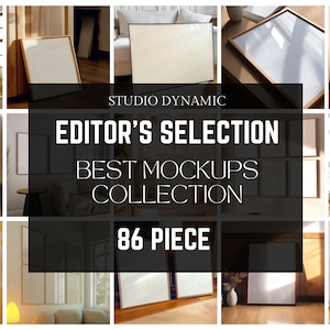 May include: A collage of 86 different photo frame mockups. The mockups feature various frame styles, sizes, and colours, including gold, black, and white. The frames are displayed in a variety of settings, such as living rooms, bedrooms, and offices. The mockups are perfect for showcasing your artwork, photos, or designs.