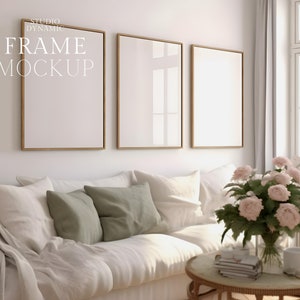 3 Frame Interior Mockup - Frame Mockup Set Of 3 -  Living Room Mockup - With Reflection - PSD - 2:3 - Smart Object Mockup