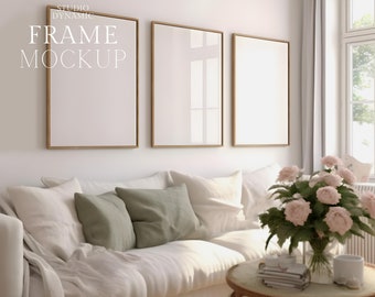 3 Frame Interior Mockup - Frame Mockup Set Of 3 -  Living Room Mockup - With Reflection - PSD - 2:3 - Smart Object Mockup