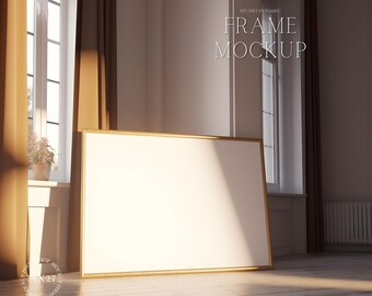 Horizontal Single Frame Mockup - Landscape Wooden Frame Mockup  Frame Poster - Modern Minimal Interior - PSD - 3:4 - Smart Object