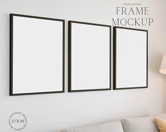 Modern 3 Frame Mockup - Black Frame Mockup - Interior Living Room Mockup - Soft Light Display - PSD - 27X36 - Smart Object Mockup