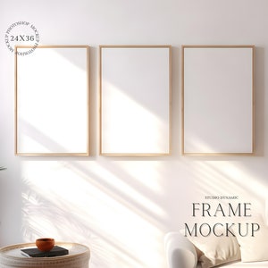 3 Frame Minimal Frontal Mockup - Art Print Mockups - Gallery Wall Set Mockup -  Natural Light - PSD - 24X36 - Smart Object Mockup