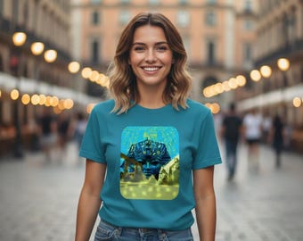 Puede incluir: Una camiseta turquesa con un gráfico rectangular de una máscara de faraón azul y dorado. La camiseta la lleva una persona en un entorno exterior borroso. El gráfico tiene un fondo azul y amarillo.