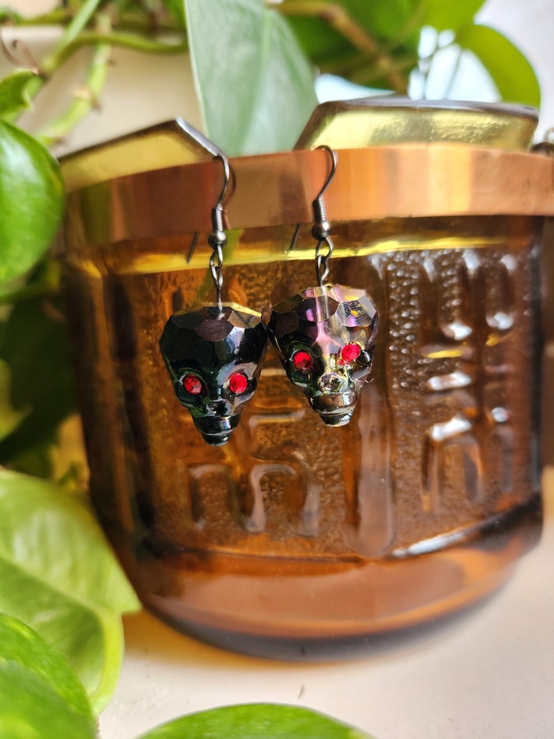 May include: A pair of black skull earrings with red rhinestone eyes. The earrings are hanging from a brown glass jar.