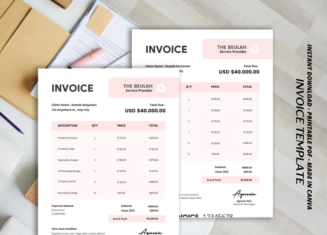 Cream Clean Business Invoice, Canva Invoice Template, Printable Business Invoice Template, Price ...