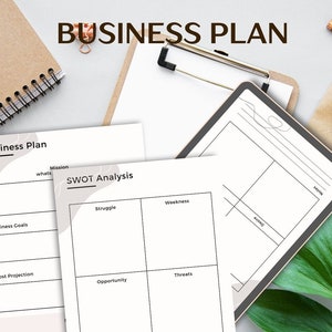 May include: A business plan template with sections for mission, business goals, cost projection, and SWOT analysis. The SWOT analysis section is divided into four quadrants: strengths, weaknesses, opportunities, and threats.