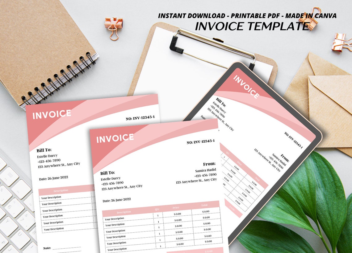 Pink Invoice Template, Printable Business Invoice, Digital Canva ...