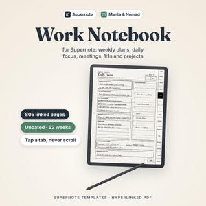 Plantillas de Supernote: Planificador de trabajo, PDF con hipervínculos Manta y Nomad, notas de reuniones, cuaderno de trabajo diario y semanal, sin fecha.
