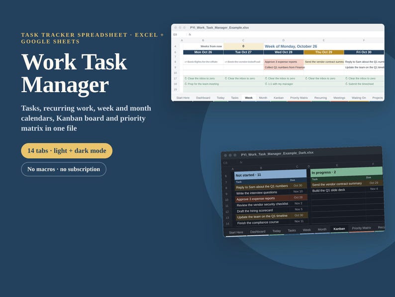 Task Tracker Spreadsheet, Excel & Google Sheets Task Manager, Work to ...